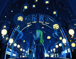 Rule 34 | 1girl, absurdres, bare tree, black hat, blue dress, city lights, dress, feet out of frame, from behind, green eyes, green hair, hand up, harumaki gohan, hat, highres, index finger raised, long bangs, long dress, long hair, long sleeves, looking up, night, night sky, open mouth, original, outdoors, pointing, sidelocks, sky, standing, star (sky), starry sky, straight hair, top hat, tree