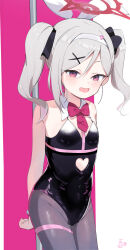 Rule 34 | 1girl, absurdres, animal ears, arms behind back, black leotard, black pantyhose, black scrunchie, blue archive, blush, breasts, clothing cutout, fake animal ears, grey hair, halo, headband, heart cutout, highres, leotard, long hair, looking at viewer, mutsuki (blue archive), nishi yasuaki, open mouth, pantyhose, purple eyes, rabbit ears, rabbit hole (vocaloid), red halo, scrunchie, side ponytail, small breasts, smile, solo, strapless, strapless leotard, thigh strap, vocaloid