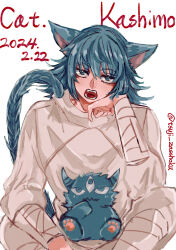Rule 34 | 1boy, absurdres, animal ears, animal hands, animalization, bandaged arm, bandaged leg, bandages, blue eyes, blue hair, blue horns, blue tail, cat, cat boy, cat day, cat ears, cat tail, character name, closed mouth, english text, extra eyes, fangs, hair between eyes, hand on own chin, hand to own mouth, highres, horns, jujutsu kaisen, long hair, looking up, male focus, messy hair, open mouth, shirt, sitting, solo, tail, tsuji ko00, twitter username, wavy mouth, white background, white shirt