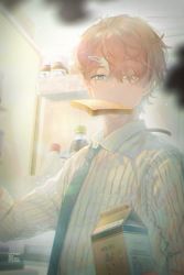 Rule 34 | 1boy, blue eyes, blue necktie, bottle, bread, bread slice, breast pocket, brown hair, collared shirt, copyright name, food, food in mouth, from side, hair ornament, hair over eyes, hairclip, hypnosis mic, kannonzaka doppo, long sleeves, looking at viewer, male focus, milk carton, mouth hold, necktie, pocket, refrigerator, shirt, sioda, sleeves rolled up, solo, striped clothes, striped shirt, toast, toast in mouth, upper body, vertical stripes