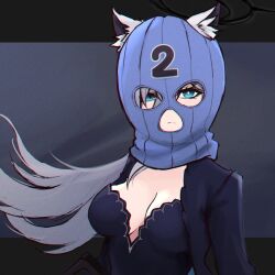 Rule 34 | 1girl, animal ear fluff, animal ears, balaclava, black dress, blue archive, blue eyes, blue mask, breasts, chromatic aberration, cleavage, closed mouth, cross hair ornament, dress, earrings, grey hair, hair between eyes, hair ornament, halo, highres, jewelry, letterboxed, long hair, looking at viewer, m r b, medium breasts, mismatched pupils, shiroko (blue archive), shiroko terror (blue archive), simple background, sketch, solo, stud earrings, upper body, wolf ears