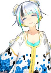 Rule 34 | 1girl, aqua hair, black hair, blonde hair, blue eyes, closed mouth, collarbone, dots, freckles, highres, lips, long sleeves, looking at viewer, mole, mole under mouth, multicolored hair, original, short hair, silver hair, smile, solo, upper body, virtual youtuber, wide sleeves, yae (mono110)