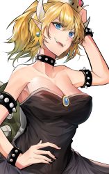 Rule 34 | 1girl, absurdres, armlet, armpits, bad id, bad pixiv id, bare shoulders, black dress, black nails, blue eyes, bowsette, bracelet, breasts, cizzi, cleavage, collar, collarbone, crown, dress, earrings, fangs, highres, horns, jewelry, mario (series), medium breasts, nail polish, new super mario bros. u deluxe, nintendo, open mouth, pointy ears, ponytail, sharp teeth, shell, short hair, simple background, smile, solo, spiked armlet, spiked bracelet, spiked collar, spikes, super crown, teeth, white background