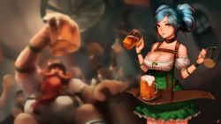 Rule 34 | 1girl, alcohol, ashe (league of legends), bare shoulders, beer, beer mug, blue eyes, blue hair, blurry, breasts, cleavage, collar, cup, depth of field, dirndl, dress, gangplank (league of legends), german clothes, gragas, highres, instant ip, jug (bottle), large breasts, league of legends, mug, oktoberfest, olaf, open mouth, short hair, sona (league of legends), traditional clothes, twintails, underbust, waitress, wallpaper
