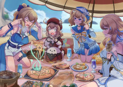 Rule 34 | 4girls, ahoge, barbara (genshin impact), barbara (summertime sparkle) (genshin impact), beach, blue eyes, blue sky, blurry, bow, bread slice, brown eyes, cabbie hat, choker, cloud, cloudy sky, coat, commentary, cup, depth of field, detached sleeves, drill hair, drink, drinking glass, english commentary, finger to head, fish-flavored toast (genshin impact), fishy toast (genshin impact), flower, food, genshin impact, hair between eyes, hair bow, hair flower, hair ornament, hair ribbon, hat, hat feather, hat ornament, highres, holding, holding food, horizon, island, jean (genshin impact), jean (sea breeze dandelion) (genshin impact), jumpy dumpty, klee (genshin impact), kneeling, light brown hair, long hair, long sleeves, looking at another, low twintails, lumine (genshin impact), man levitating pizza (meme), meme, multiple girls, negaska, ocean, pizza, plate, pointy ears, ponytail, ribbon, scarf, short hair, sidelocks, skewer, sky, steak, sweatdrop, telekinesis, toast, twin drills, twintails