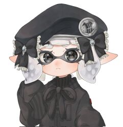 Rule 34 | 1girl, beret, black bow, black eyes, black hat, bow, closed mouth, commentary request, eyelashes, frilled bow, frills, grey hair, hat, hat bow, highres, inkling, inkling girl, inkling player character, lemo (lemo 4), looking at viewer, medium hair, nintendo, pointy ears, simple background, solo, splatoon (series), tentacle hair, thick eyebrows, upper body, white background