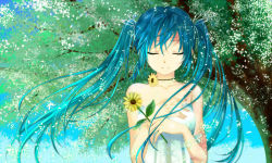 Rule 34 | 1girl, aqua hair, collarbone, dress, closed eyes, facing viewer, flower, hands on own chest, hatsune miku, holding, holding flower, long hair, mariwai (marireroy), parted lips, portrait, sleeveless, sleeveless dress, solo, strapless, strapless dress, summer, tree, twintails, very long hair, vocaloid
