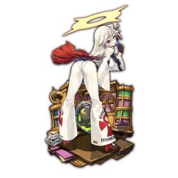 Rule 34 | 10s, 1girl, ahoge, artist request, ass, ass focus, ball and chain (weapon), bodysuit, book, bookshelf, candy, clothes writing, spiked halo, fingernails over gloves, food, from side, full body, guilty gear, guilty gear xrd, hair between eyes, halo, head tilt, indoors, jack-o&#039; valentine, jewelry, kneepits, last period, legs apart, lollipop, long hair, looking back, multicolored hair, necklace, outline, pants, pantylines, red eyes, red hair, transparent background, two-tone hair, very long hair, white hair