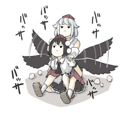 Rule 34 | 2girls, ascot, belt, bird wings, black ascot, black belt, black eyes, black hair, black skirt, black wings, closed mouth, collared shirt, detached sleeves, frilled skirt, frills, full body, hands on shoulders, hat, highres, holding person, inubashiri momiji, looking ahead, motion lines, multiple girls, peroponesosu., pointy ears, pom pom (clothes), red ascot, red skirt, ribbon, ribbon-trimmed skirt, ribbon trim, sandals, shameimaru aya, shirt, short hair, short sleeves, simple background, sitting, sitting on person, skirt, smoke, tokin hat, touhou, v-shaped eyebrows, white background, white hair, white legwear, white ribbon, white shirt, wings, zouri