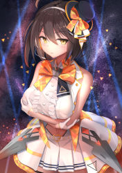 Rule 34 | 1girl, ahoge, azur lane, baltimore (azur lane), baltimore (muse) (azur lane), breasts, brown hair, center frills, closed mouth, clothing cutout, commentary request, frills, gloves, hair between eyes, hairband, half gloves, hand on own chest, hat, hat ribbon, headgear, highres, idol, idol clothes, large breasts, leaning forward, looking at viewer, mini hat, navel, navel cutout, onasuba, pleated skirt, ribbon, short hair, sidelocks, skirt, smile, solo, standing, stomach, white gloves, white skirt, yellow eyes