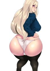 Rule 34 | 1girl, ass, black thighhighs, blonde hair, blush, breasts, cameltoe, eyebrows, from behind, huge ass, long hair, looking at viewer, looking back, medium breasts, o-ring, o-ring bottom, open mouth, original, panties, purple eyes, raycat, ribbed sweater, shiny skin, sideboob, simple background, smile, solo, sweater, thick eyebrows, thick thighs, thighhighs, thighs, trefoil, underwear, white background