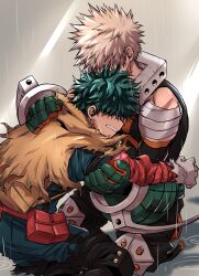 Rule 34 | 2boys, aqua bodysuit, bakugou katsuki, bandaged arm, bandages, belt, belt pouch, black footwear, black pants, blonde hair, boku no hero academia, boots, cape, chiyaya, clenched teeth, colored shoe soles, covered face, detached sleeves, explosive, feet out of frame, freckles, from side, gloves, green gloves, green hair, grenade, grey gloves, hand on another&#039;s arm, hand on another&#039;s back, hands up, highres, hug, knee boots, knee pads, kneeling, leaning forward, leaning on person, male focus, messy hair, midoriya izuku, multiple boys, official alternate costume, on ground, orange gloves, outstretched arm, pants, pouch, profile, rain, red belt, ripples, shaded face, shadow, short hair, sleeveless, spiked hair, spoilers, support, tank top, teeth, torn cape, torn clothes, torn gloves, torn sleeve, two-tone gloves, yellow cape