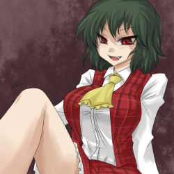 Rule 34 | 1girl, ascot, breasts, fang, female focus, green hair, kazami yuuka, large breasts, naughty face, oro (artist), oro (zetsubou girl), plaid, plaid skirt, plaid vest, red eyes, shaded face, short hair, sitting, skirt, skirt set, smile, solo, touhou, vest