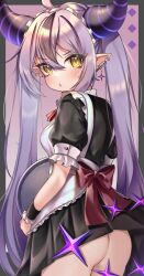 Rule 34 | 1girl, absurdres, ahoge, alternate costume, alternate hairstyle, apron, ass, black horns, bow, braid, braided bangs, breasts, ear piercing, earrings, grey hair, highres, hololive, horns, jewelry, la+ darknesss, long hair, looking at viewer, maid, maid apron, maid headdress, multicolored hair, narurock8925, piercing, pointy ears, purple hair, slit pupils, small breasts, solo, streaked hair, striped horns, tray, twintails, virtual youtuber, waist bow, wrist cuffs, yellow eyes