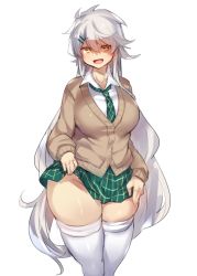 Rule 34 | 1girl, alternate hairstyle, asymmetrical hair, bad id, bad twitter id, blush, breasts, brown eyes, cardigan, hair between eyes, hair ornament, hairclip, huge breasts, kantai collection, large breasts, lifting own clothes, long hair, looking at viewer, miniskirt, necktie, no panties, open mouth, pleated skirt, plump, pokoten (pokoten718), school uniform, shirt, silver hair, skirt, smile, solo, thick thighs, thighhighs, thighs, unryuu (kancolle), very long hair, wavy hair, white shirt, white thighhighs, wide hips