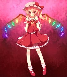 Rule 34 | 1girl, akai, bad id, bad pixiv id, blood, crazy eyes, crystal, female focus, flandre scarlet, highres, mary janes, rainbow order, red background, red eyes, red skirt, red theme, ribbon, shoes, skirt, smile, solo, touhou, wings