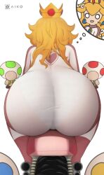 Rule 34 | 1girl, 4others, ?, artist name, ass, ass focus, blonde hair, bodysuit, butt crack, crown, earrings, exhaust pipe, from behind, heart, heart print, highres, huge ass, jewelry, kuriharaaikox, long hair, long sleeves, mario (series), mario kart, mario kart wii, motor vehicle, motorcycle, multiple others, nintendo, open mouth, panties, panties visible through clothes, princess peach, see-through, sitting, striped clothes, striped panties, toad (mario), underwear, white background