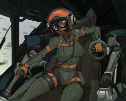 Rule 34 | 1girl, battletech, blair parker (wibber rose), blue eyes, breasts, brown hair, centurii-chan (artist), clenched teeth, cockpit, commission, dark skin, dynamic pose, empty eyes, furrowed brow, glasses, gloves, hair between eyes, headset, helmet, highres, holster, large breasts, pilot suit, pouch, solo, teeth