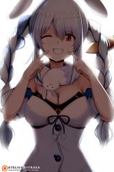 Rule 34 | 1girl, animal ears, astraea (atelierastraea), backlighting, blue hair, braid, breasts, carrot hair ornament, cleavage, commentary, don-chan (usada pekora), dress, english commentary, food-themed hair ornament, grin, hair ornament, hands up, highres, hololive, large breasts, long hair, looking at viewer, multicolored hair, one eye closed, patreon username, pointing, pointing at self, pom pom (clothes), puffy short sleeves, puffy sleeves, rabbit ears, red eyes, short eyebrows, short sleeves, smile, strapless, strapless dress, thick eyebrows, twin braids, two-tone hair, upper body, usada pekora, usada pekora (1st costume), virtual youtuber, watermark, web address, white dress, white hair