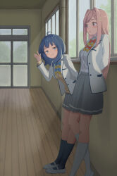 Rule 34 | 2girls, against wall, ahoge, blazer, blue bow, blue bowtie, blue eyes, blue hair, bow, bowtie, commentary request, door, grey skirt, hallway, highres, himemiya karen, jacket, long hair, make heroine ga oo sugiru!, medium hair, multiple girls, pink eyes, pink hair, pleated skirt, red bow, red bowtie, shoes, skirt, uwabaki, waving, white jacket, window, xniju maru, yanami anna, yellow bow, yellow bowtie