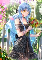 Rule 34 | 1girl, bare shoulders, black bow, black dress, blue flower, blue hair, blurry, blurry foreground, blush, bouquet, bow, breasts, cleavage, closed mouth, collarbone, commentary request, day, depth of field, dress, earrings, fence, fingernails, flower, hair between eyes, hair bow, hand up, highres, holding, holding bouquet, house, jewelry, long hair, looking at viewer, medium breasts, orange flower, original, outdoors, petals, pink flower, purple flower, red flower, red rose, rose, smile, solo, standing, swordsouls, very long hair, white flower, window, yellow eyes