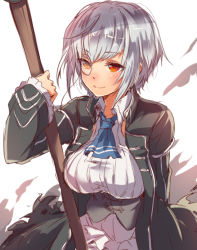 Rule 34 | 1girl, ascot, breasts, dress, ice axe (ole tower), mataichi mataro, monocle, ole tower, red eyes, short hair, silver hair, smile, solo, weapon