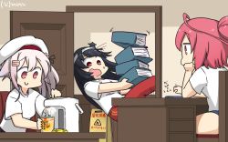 Rule 34 | 3girls, airpot, alternate costume, black hair, blue one-piece swimsuit, book, cellphone, commentary request, cup ramen, dated, desk, door, flower, fusou (kancolle), gradient hair, hair flower, hair ornament, hamu koutarou, harusame (kancolle), headband, highres, i-168 (kancolle), kantai collection, long hair, multicolored hair, multiple girls, one-hour drawing challenge, one-piece swimsuit, pants, phone, pink hair, ponytail, red eyes, red hair, red pants, ribbon, school swimsuit, shirt, side ponytail, sign, smartphone, swimsuit, swimsuit under clothes, t-shirt, track pants, tripping, white shirt