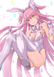 Rule 34 | 1girl, adapted costume, animal ears, bow, bowtie, breasts, commentary request, detached collar, fake animal ears, gloves, hair ribbon, highres, kaname madoka, leotard, long hair, looking at viewer, magia record: mahou shoujo madoka magica gaiden, mahou shoujo madoka magica, mahou shoujo madoka magica (anime), mahou shoujo madoka magica movie 1 &amp; 2, nanakamado, pink hair, playboy bunny, rabbit ears, rabbit tail, ribbon, small breasts, smile, solo, strapless, strapless leotard, tail, thighhighs, two side up, ultimate madoka, white bow, white bowtie, white gloves, white leotard, white thighhighs, yellow eyes