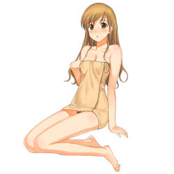 Rule 34 | 00s, 1girl, a1 (initial-g), absurdres, bare shoulders, barefoot, blush, brown hair, feet, female pubic hair, highres, maria-sama ga miteru, naked towel, no panties, open mouth, orange eyes, pubic hair, pussy, pussy peek, simple background, sitting, solo, toes, toudou shimako, towel, wet, white background