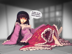 Rule 34 | 1girl, black hair, blunt bangs, blush stickers, boa (brianoa), bow, crossed legs, dress, english text, frills, highres, houraisan kaguya, indoors, japanese clothes, long hair, long sleeves, on floor, open mouth, pink shirt, red eyes, shirt, sitting, sleeves past wrists, socks, solo, touhou, very long hair, white socks, wide sleeves