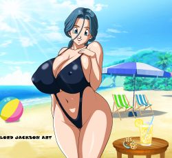 Rule 34 | 1girl, absurdres, alternate breast size, artist name, artist request, bare legs, bare shoulders, beach, bikini, blue hair, blue sky, bulma, bulma (future), curvy, dragon ball, dragonball z, hand on own chest, highres, lipstick, long hair, looking at viewer, makeup, mature female, navel, nipples, ocean, ponytail, shiny skin, sky, smile, solo, standing, swimsuit, thong, thong bikini, water, wide hips