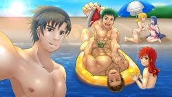 Rule 34 | 3boys, 3girls, ab, beach, highres, looking at viewer, multiple boys, multiple girls, muscular, nipples, original, outdoors, pectorals, sitting, sitting on person, sky, straddling, summer, swimsuit, topless, undressing, upper body, water