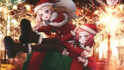 Rule 34 | 2girls, absurdres, adjusting clothes, adjusting headwear, assam (girls und panzer), black footwear, black thighhighs, blonde hair, blurry, blurry background, bokeh, capelet, christmas tree, commentary, depth of field, detached sleeves, dress, fur-trimmed dress, fur-trimmed footwear, fur-trimmed sleeves, fur trim, gift, girls und panzer, hair pulled back, hat, highres, holding, holding sack, leaning forward, long hair, long sleeves, medium hair, mizzterbii, multiple girls, night, orange eyes, outdoors, over shoulder, oversized object, purple eyes, red capelet, red dress, red hair, red headwear, red sleeves, rosehip (girls und panzer), sack, santa dress, santa hat, short dress, sitting, sleeveless, sleeveless dress, sparkle, standing, symbol-only commentary, thighhighs