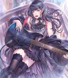 Rule 34 | 1girl, arina nary, belt, black dress, black hair, black thighhighs, blue eyes, dress, final fantasy, final fantasy xiv, gaia (ff14), goth fashion, guitar, instrument, licking lips, long hair, long sleeves, looking at viewer, off shoulder, red lips, solo, tank top, thighhighs, tongue, tongue out, wide sleeves