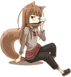 Rule 34 | animal ears, ayakura juu, black pants, blush, brown footwear, brown hair, eating, fish, food, full body, grey shirt, holding, holding food, holo, long hair, looking at viewer, lowres, non-web source, novel illustration, official art, pants, red eyes, shadow, shirt, shoes, simple background, sitting, solo, spice and wolf, steam, tail, very long hair, white background, wolf ears, wolf tail