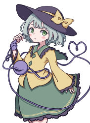 Rule 34 | 1girl, absurdres, black hat, blush stickers, bow, breasts, commentary request, eyeball, frilled shirt collar, frilled skirt, frilled sleeves, frills, green eyes, green hair, green skirt, hat, hat ribbon, heart, heart of string, highres, holding, holding phone, kame (kamepan44231), komeiji koishi, long sleeves, looking at viewer, one-hour drawing challenge, open mouth, phone, ribbon, shirt, short hair, simple background, skirt, small breasts, solo, string, third eye, touhou, upper body, white background, yellow ribbon, yellow shirt