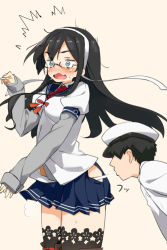 Rule 34 | 10s, 1boy, 1girl, ^^^, admiral (kancolle), black hair, blowing, blue eyes, blush, breasts, glasses, hairband, hat, hip vent, kaisen chuui, kantai collection, long hair, long sleeves, ooyodo (kancolle), open mouth, peaked cap, pleated skirt, school uniform, serafuku, short hair, simple background, skirt, surprised, sweat, tassel, thighhighs, wavy mouth