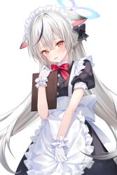 Rule 34 | 1girl, animal ear fluff, animal ears, apron, between legs, blue archive, blush, bow, bowtie, cowboy shot, cowlick, crying, crying with eyes open, floppy ears, frilled apron, frills, gloves, grey hair, hair between eyes, hair bow, halo, hand between legs, hand up, highres, holding, kokona (blue archive), long hair, maid, maid apron, maid headdress, multicolored hair, parted lips, rangtori, red bow, red bowtie, red eyes, short sleeves, sidelocks, solo, standing, streaked hair, tears, twintails, very long hair, white background, white gloves