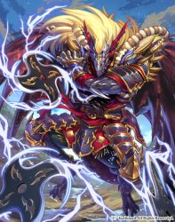 Rule 34 | 1boy, armor, bat wings, blonde hair, cardfight!! vanguard, colored sclera, company name, dragon, dragon tail, electricity, fangs, horns, japanese armor, japanese clothes, kazto furuya, long hair, male focus, official art, red sclera, shuriken, sky, stealth dragon mangy shooter, tail, weapon, wings, yellow eyes