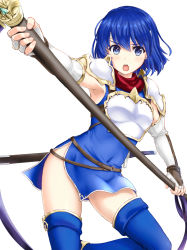 Rule 34 | 1girl, :o, armor, armpits, belt, blue eyes, blue hair, blush, breastplate, catria (fire emblem), covered navel, elbow gloves, fingerless gloves, fire emblem, fire emblem: mystery of the emblem, gloves, gluteal fold, headband, highres, holding, holding weapon, inanaki shiki, looking at viewer, nintendo, open mouth, pegasus knight uniform (fire emblem), polearm, scabbard, sheath, sheathed, short hair, shoulder armor, side slit, simple background, solo, sword, sword behind back, thighhighs, two-handed, v-shaped eyebrows, weapon, white background