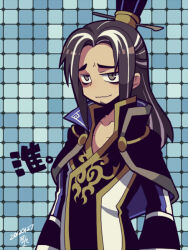 Rule 34 | 1boy, bags under eyes, blue background, chinese clothes, collarbone, dated, facial hair, goatee, grey eyes, greying hair, guo huai, kotorai, long hair, looking ahead, male focus, no nose, shin sangoku musou, signature, solo, translation request, wavy mouth