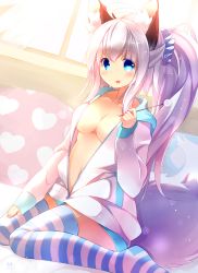 Rule 34 | 1girl, :d, ahoge, animal ear fluff, animal ears, aqua eyes, autumn dawn, bed sheet, breasts, cleavage, commentary request, fox ears, fox tail, holding, jacket, long hair, looking at viewer, mimikaki, navel, open mouth, original, pillow, ponytail, silver hair, sitting, smile, solo, tail, wariza
