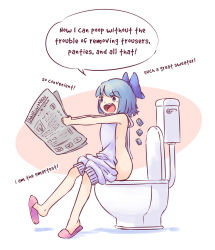 Rule 34 | 1girl, :d, backless outfit, blue eyes, blue hair, bunbunmaru, cirno, english text, full body, happy, highres, ice, ice wings, meme attire, naked sweater, newspaper, open mouth, shoe dangle, simple background, sitting, slippers, smile, solo, sweater, teeth, toilet, toilet seat, toilet use, touhou, upper teeth only, virgin killer sweater, wings, yoruny, you&#039;re doing it wrong