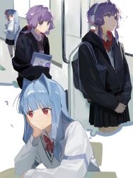 Rule 34 | 3girls, ?, alternate costume, bag, black hoodie, black skirt, bloom, blue hair, blunt bangs, blush, book, bow, bowtie, collared shirt, commentary request, commission, confused, desk, grey sweater, hair intakes, hallway, hand on own cheek, hand on own face, head rest, headphones, highres, holding, holding book, holding notebook, hood, hood down, hoodie, imagining, kakine, kotonoha akane, kotonoha aoi, light frown, long hair, long sleeves, looking at another, looking back, low-tied sidelocks, multiple girls, multiple views, musical note, notebook, on chair, pink hair, pleated skirt, purple eyes, purple hair, raised eyebrow, red bow, red bowtie, red eyes, school bag, school desk, school uniform, shirt, short hair with long locks, shoulder bag, sidelocks, sitting, skeb commission, skirt, spoken musical note, sweater, thought bubble, train interior, vocaloid, voiceroid, white shirt, yuri, yuzuki yukari