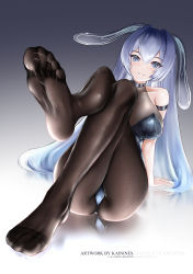 Rule 34 | 1girl, absurdres, animal ears, arm strap, artist name, ass, azur lane, black leotard, black pantyhose, blue eyes, blue hair, bodystocking, breasts, cleavage, fake animal ears, feet, fine fabric emphasis, full body, highres, kainines, large breasts, leotard, long hair, looking at viewer, new jersey (azur lane), new jersey (exhilarating steps!) (azur lane), official alternate costume, pantyhose, playboy bunny, rabbit ears, see-through, see-through cleavage, simple background, sitting, soles, solo, strapless, strapless leotard, toes, very long hair