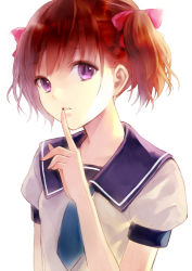Rule 34 | 1girl, brown hair, finger to mouth, fukahire (ruinon), hair ribbon, original, purple eyes, ribbon, school uniform, solo, twintails, upper body, white background