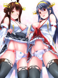 Rule 34 | 10s, 2girls, :d, ;), ahoge, bare shoulders, black hair, boots, bow, bow panties, breasts, brown hair, cleavage, clothes lift, detached sleeves, flag print, hairband, haruna (kancolle), highres, japanese clothes, kantai collection, kongou (kancolle), kuon (break through), large breasts, long hair, miniskirt, multiple girls, nontraditional miko, one eye closed, open mouth, panties, print panties, remodel (kantai collection), ribbon-trimmed sleeves, ribbon trim, skirt, skirt lift, smile, thigh boots, thighhighs, underwear, union jack, wik