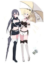 Rule 34 | 2girls, alternate costume, black hair, blonde hair, boots, breasts, car, cleavage, collarbone, crop top, duel monster, f.a. dawn dragster, full body, gloves, green eyes, hand on own chest, high ponytail, highres, holding, holding umbrella, long sleeves, medium breasts, midriff, motor vehicle, multiple girls, navel, open mouth, ponytail, race queen, race vehicle, racecar, red eyes, sakuragi raia, short shorts, shorts, sky striker ace - raye, sky striker ace - roze, sleeveless, thigh boots, umbrella, yu-gi-oh!