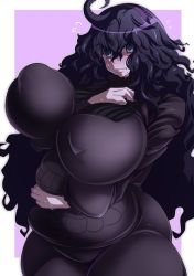 Rule 34 | 1girl, @ @, abiko zyozi, ahoge, belly, between breasts, black hair, blue eyes, border, breasts, closed mouth, cowboy shot, creatures (company), dress, game freak, hair between eyes, hairband, hex maniac (pokemon), highres, huge breasts, impossible clothes, long hair, long sleeves, messy hair, nintendo, plump, pokemon, pokemon xy, purple background, purple dress, simple background, skin tight, solo, standing, sweat, thick thighs, thighs, wavy hair, white border