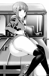 1girl ass ass_focus breasts dress_shirt highres infection isonami_kirara kneehighs looking_at_viewer lying non-web_source on_side school school_uniform shirt short_hair small_breasts socks thong wet